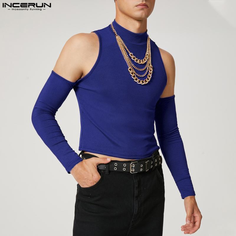 Men's T-Shirts INCERUN Men T Shirt Solid Color Turtleneck Long Sleeve Off Shoulder Casual Camisetas Hollow Out Streetwear Sexy Crop Tops 220906