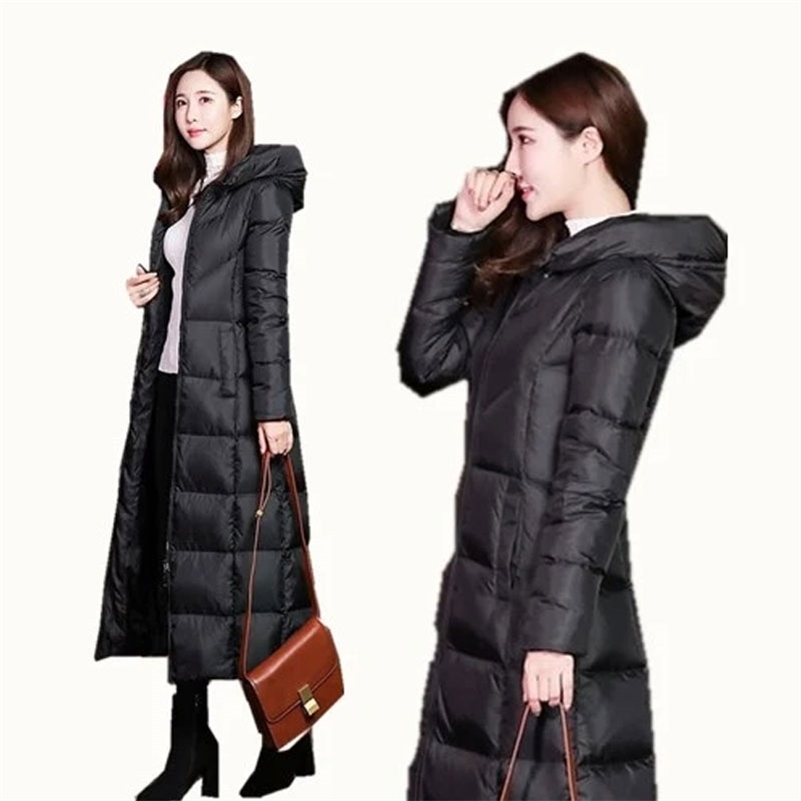 Women's Down Parkas Winter Jackets Women Coat Female Slim Parka Over-Knee Cotton Padded Korea Hooded Warm Black Solid Long Coat 220906