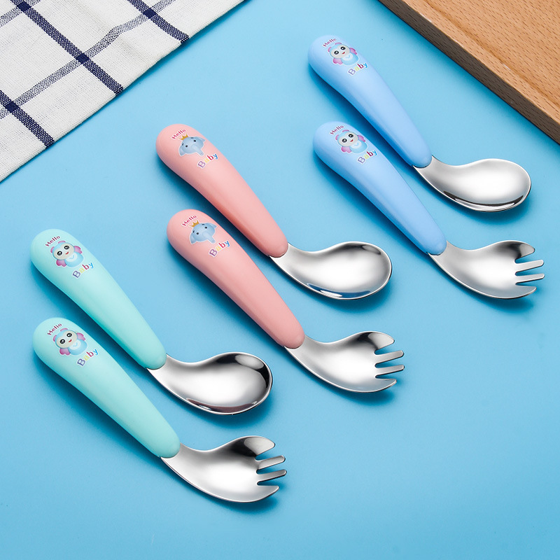 Cups Dishes Utensils Kids Spoon Fork Cartoon Stainless Steel born Food Feeding Curved Spoons Forks Utensil Toddler Tableware Cutlery Baby Gadgets 2209
