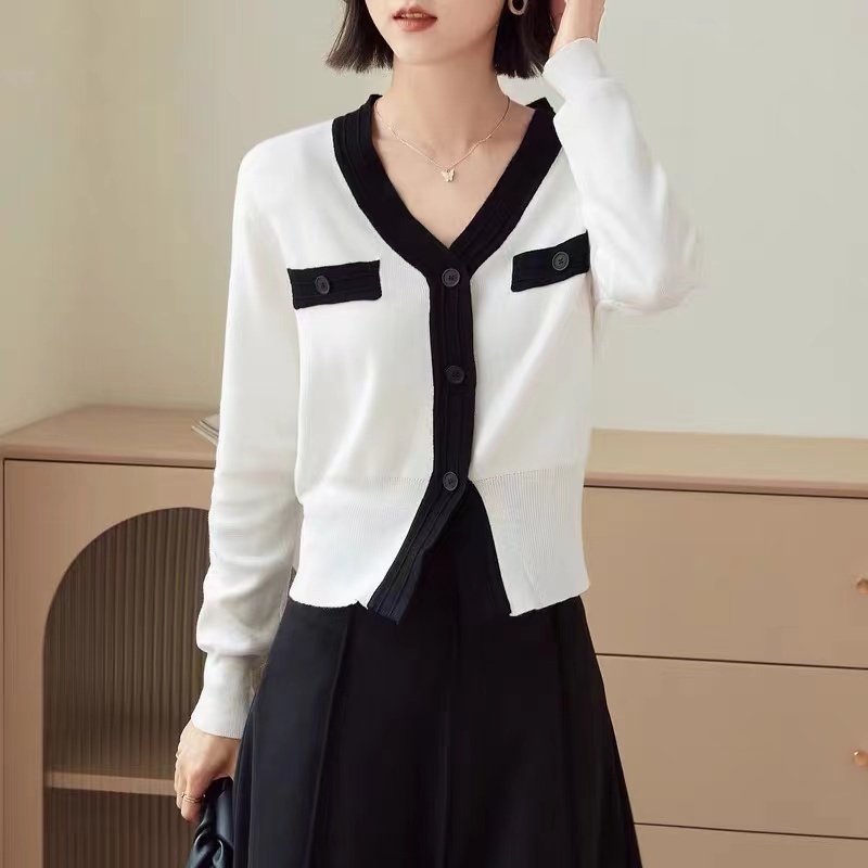 Womens Sweaters Korean Fashion Knitted Cardigan Women Autumn Contrast Color Vneck Long Sleeve Single Breasted Sweater Tops Office Lady 220906