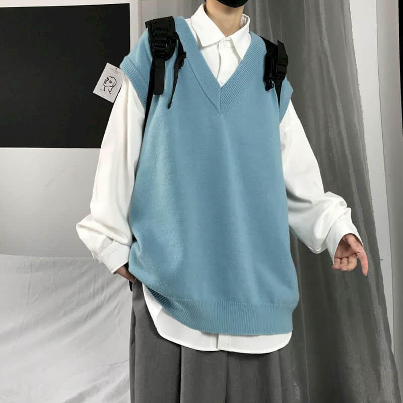 Men's Sweaters Men Sweater Vest Autumn Solid Color Knitted Male Korean Style Trend Loose V-neck Sleeveless Waistcoat Vest Sweater College Style 2