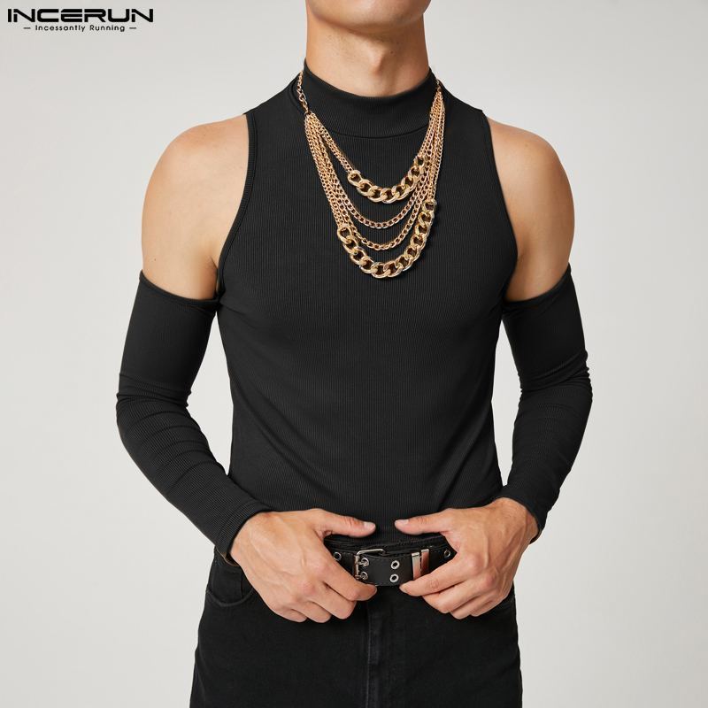 Men's T-Shirts INCERUN Men T Shirt Solid Color Turtleneck Long Sleeve Off Shoulder Casual Camisetas Hollow Out Streetwear Sexy Crop Tops 220906