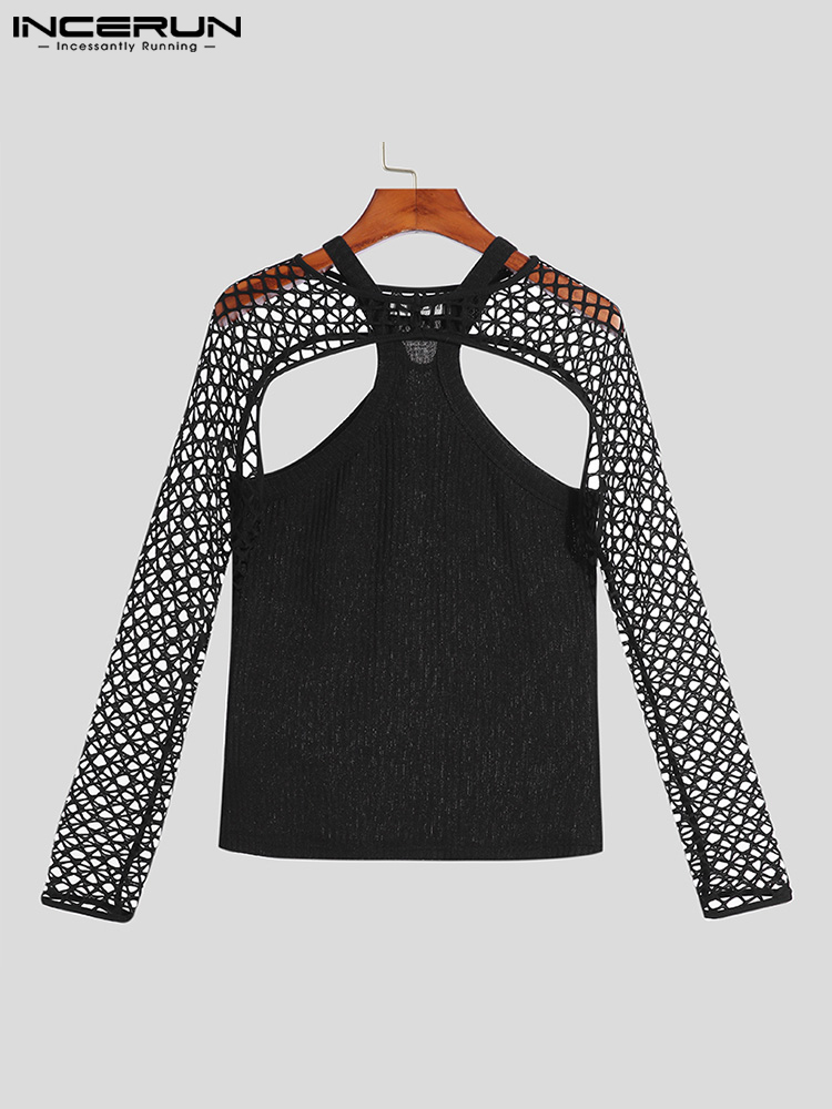 Men's T-Shirts American Style Men Vest T-shirts Suits Male Sexy Leisure Mesh Short Vests Hollow Out Long Sleeve Camiseta S-5XL INCERUN 220906