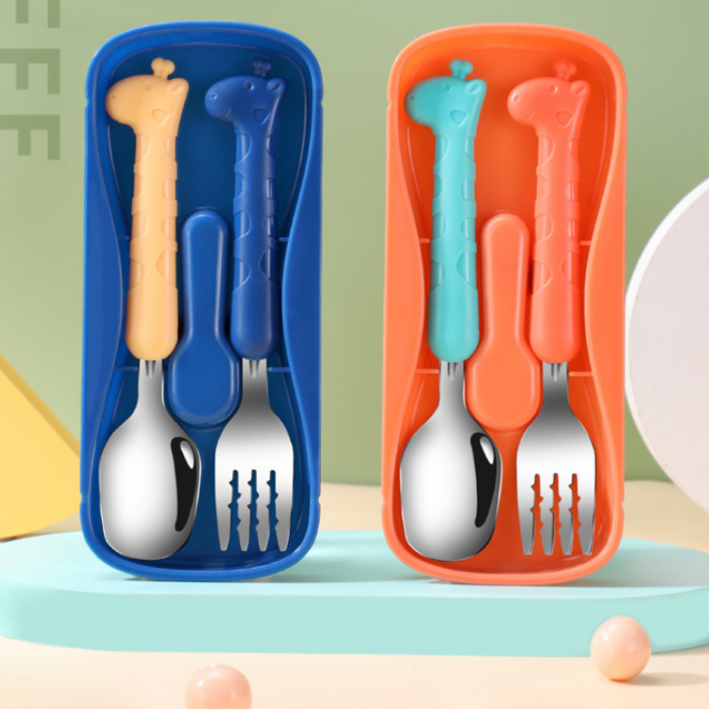 Cups Dishes Utensils Giraffe Infant Food Feeding Spoon Fork Baby Tableware Set Stainless Steel Toddler Dinnerware Cutlery Children Utensil Gadgets 220