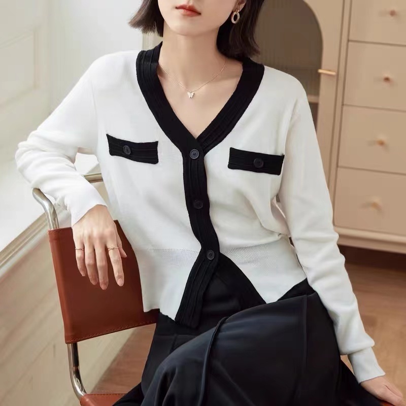 Womens Sweaters Korean Fashion Knitted Cardigan Women Autumn Contrast Color Vneck Long Sleeve Single Breasted Sweater Tops Office Lady 220906