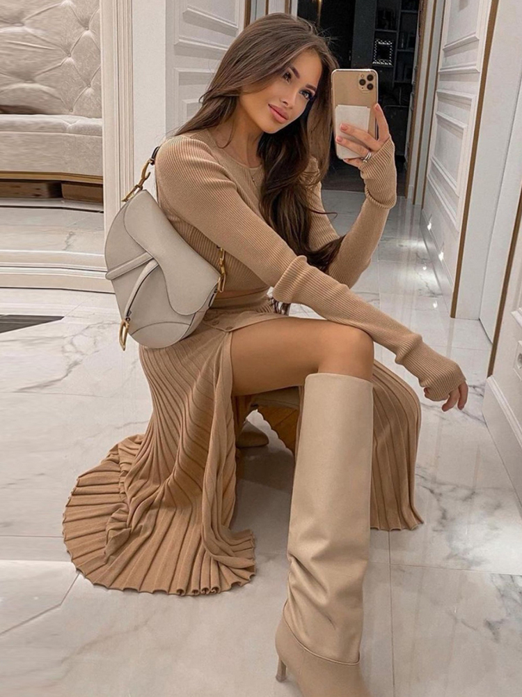 Two Piece Dress Cryptographic Solid Sexy Sweater Cropped Top Midi Skirt Set Women Matching Outfits Button Up Split Skirts Winter 220906