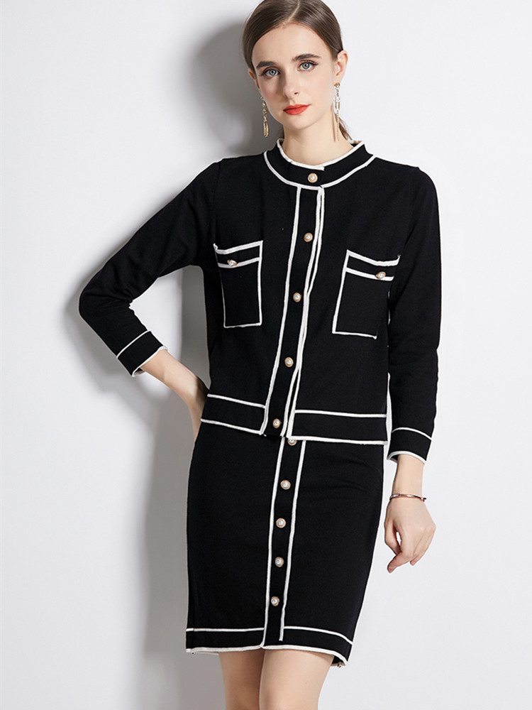 Two Piece Dress Elegant Knitted Skirt Sets Women Vintage Pockets ONeck Single Breasted Long Sleeve Cardigan Sweater Mini Skirts 2 Piece Set 220906