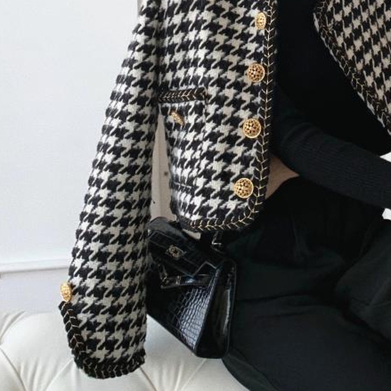 Womens Jackets Autumn Houndstooth Short Jackets Women Long Sleeve Elegant Patchwork Buttons Vintage Oneck Office Lady Fashion Coat Female 220906