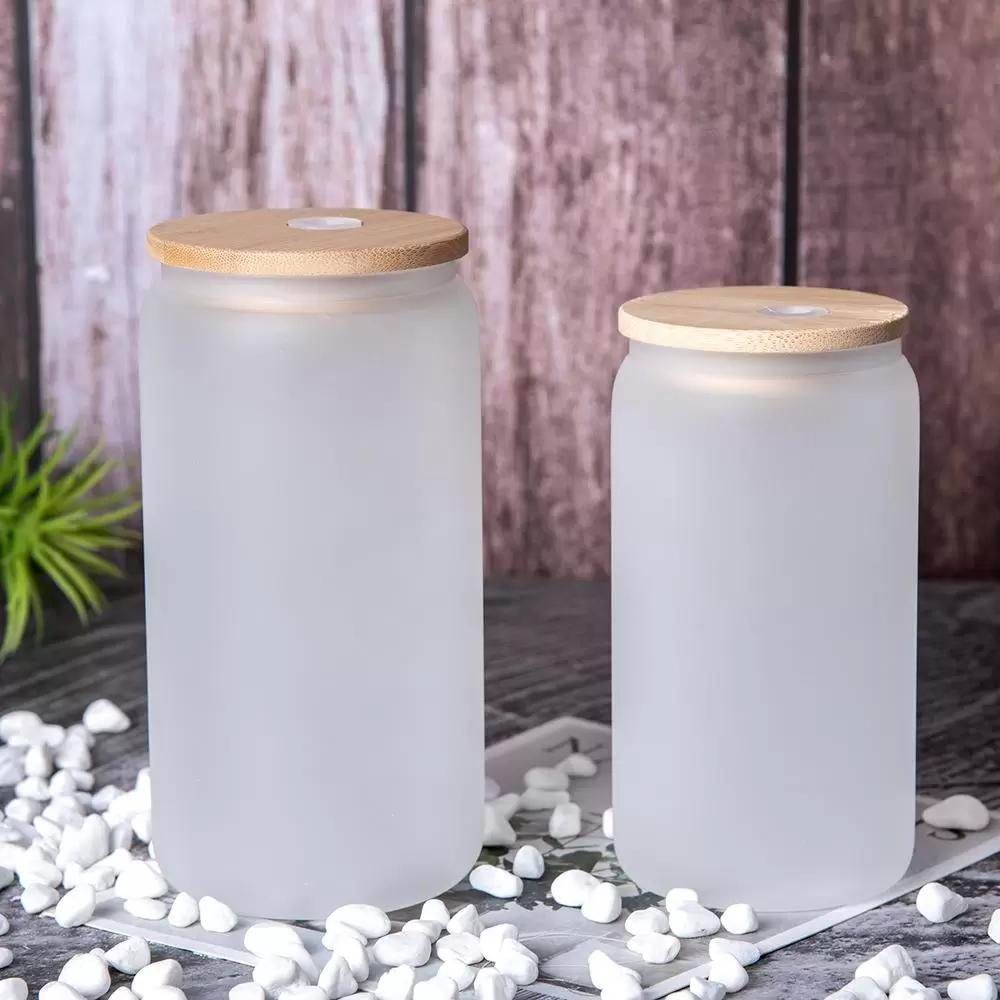 US stock 16oz Sublimation Glass Beer Mugs with Bamboo Lid Straw DIY Blanks Frosted Clear Can Shaped Tumblers Cups Heat Transfer Cocktail Iced Coffee S