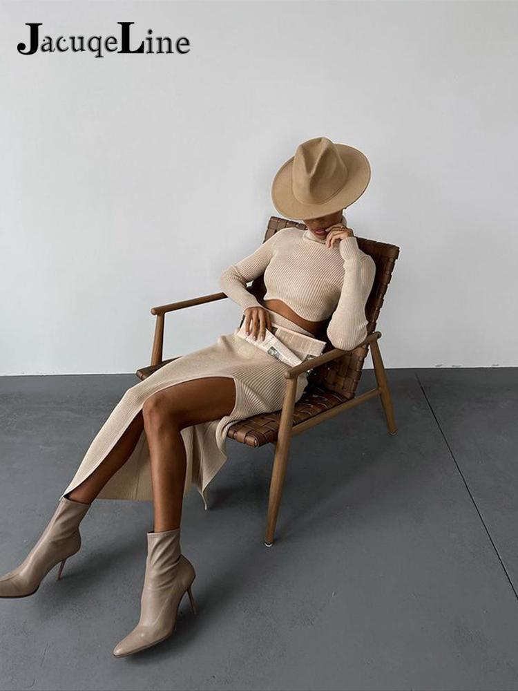 Two Piece Dress Jacuqeline Elegant Sexy Women Knitted Suit Turtleneck Sweater Top And High Waist Long Skirt Party Tracksuit Autumn Winter 220906