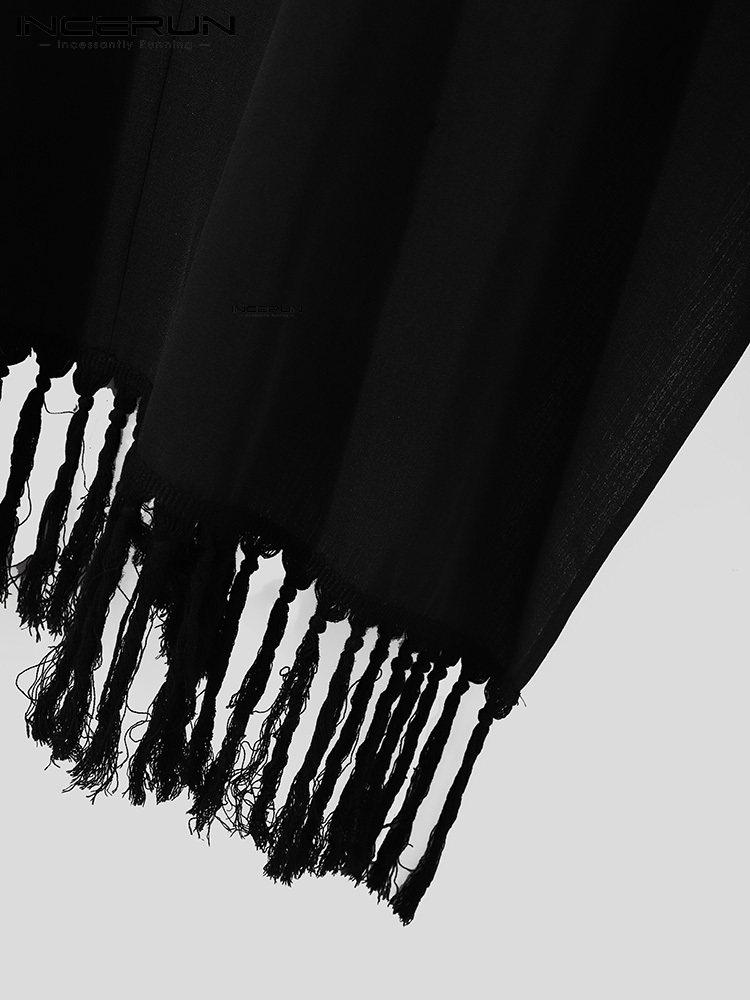 Men's T-Shirts INCERUN Men Irregular T Shirt V Neck Solid Tassel Vacation Short Sleeve Cloak Long Tee Tops Streetwear Casual Camisetas 220906