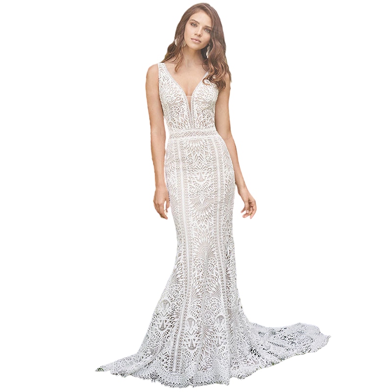 Charming Mermaid Boho Wedding Dresses with Back Buttons Tank crochet Lace Deep V Neck Backless Sweep Train Bride Gown