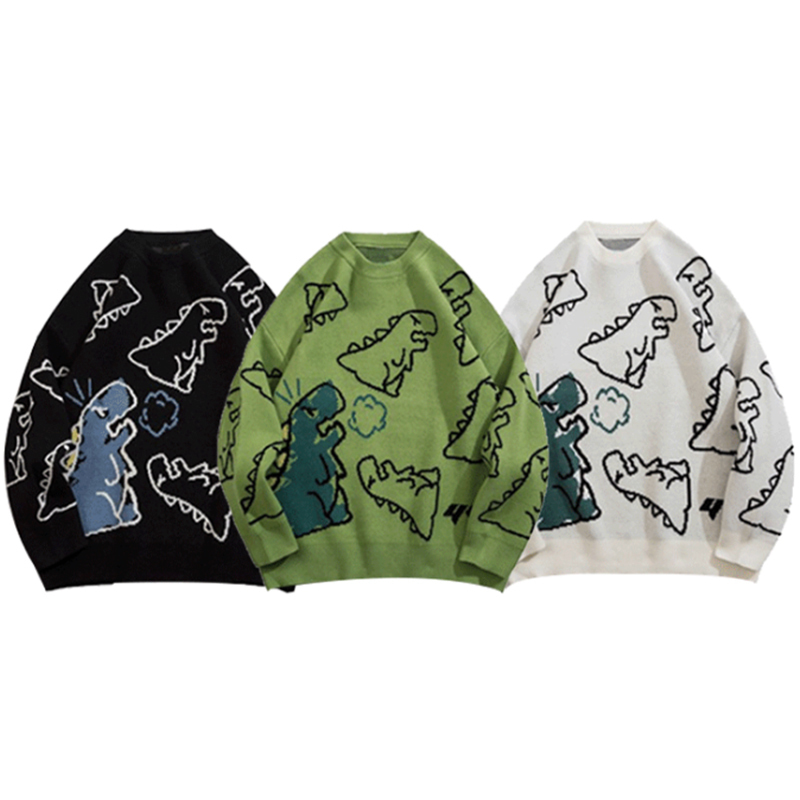 Men's Sweaters Sweater Men Harajuku Fashion Knitted Hip Hop Streetwear Dinosaur Cartoon Pullover Oversize Casual Couple O-Neck Vintage Sweaters 2