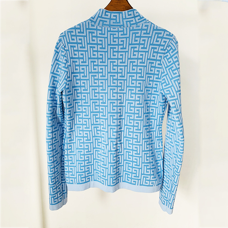 Womens Two Pants Classic Geometric Pattern Quality Jacquard Knitted 2 Piece Sets For Women Fall Stand Collar Sweaters Pullover Top Tight Trouser 22090