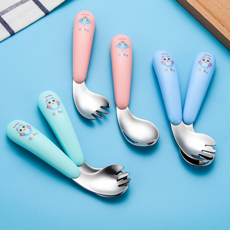 Cups Dishes Utensils Kids Spoon Fork Cartoon Stainless Steel born Food Feeding Curved Spoons Forks Utensil Toddler Tableware Cutlery Baby Gadgets 2209