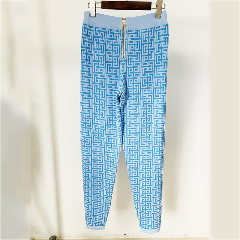 Womens Two Pants Classic Geometric Pattern Quality Jacquard Knitted 2 Piece Sets For Women Fall Stand Collar Sweaters Pullover Top Tight Trouser 22090