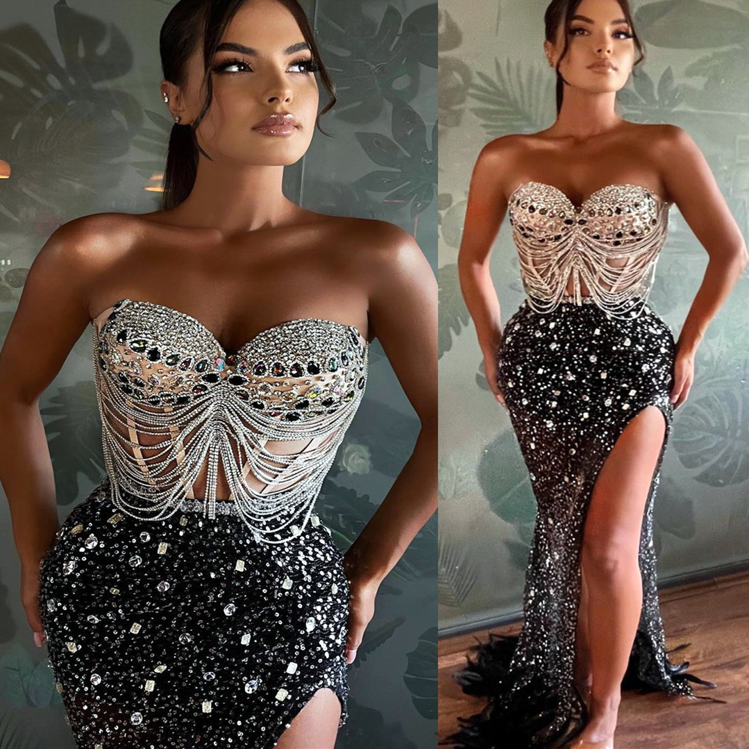 Aso Arabic Ebi Blak Mermaid Prom Dresses Beaded Crystals Sexy Evening Formal Party Second Reception Birthday Engagement Gowns Dress ZJ