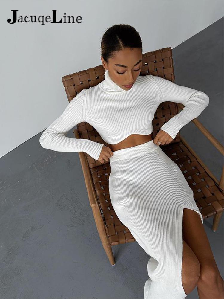 Two Piece Dress Jacuqeline Elegant Sexy Women Knitted Suit Turtleneck Sweater Top And High Waist Long Skirt Party Tracksuit Autumn Winter 220906
