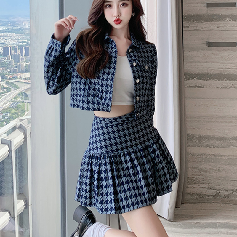 Two Piece Dress Small Fragrance Houndstooth Suit Women Crop Top Short Jacket Coat Mermaid Skirts Sets two piece outfit autumn French Style 220906