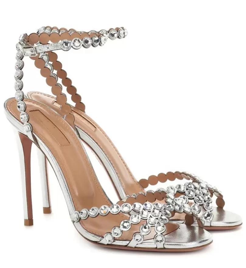 Summer Luxury Tequila Leather Sandals Shoes For Women Strappy Design Crystal-embellish High Heels Party Wedding Dress Lady Sexy Sandalias