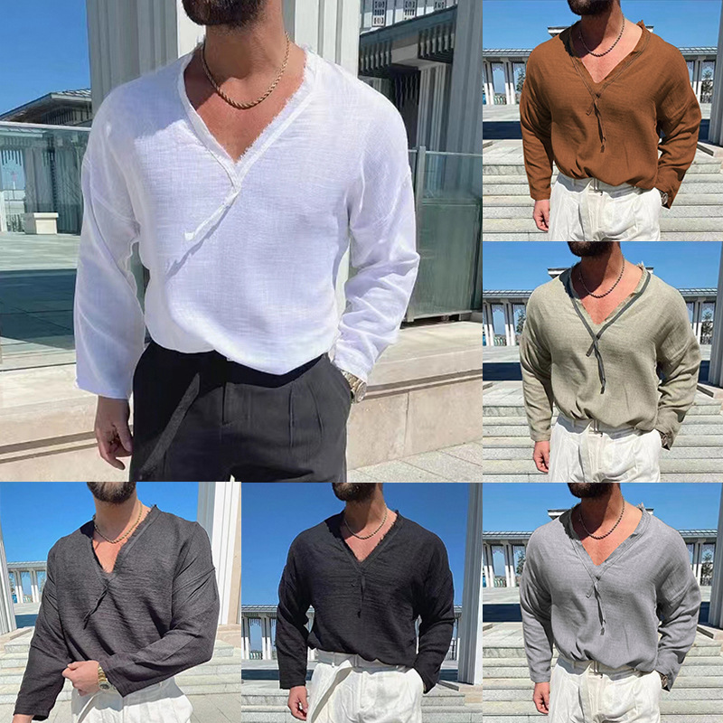 Men's T-Shirts Vintage Ripped Solid T-shirts Mens Spring Casual Loose Long Sleeve V-Neck Tee Shirt Fashion Men Clothes Tops Streetwear 220906