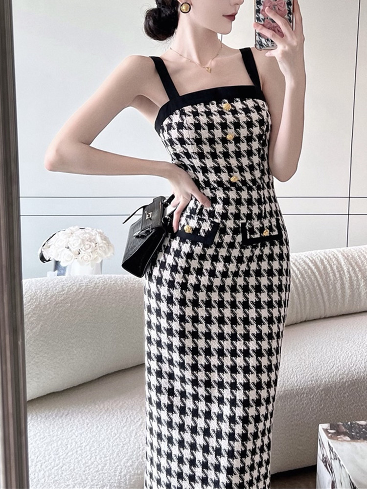 Two Piece Dress Winter Korean Fashion Tweed Dress Two Piece Sets Women Vintage Plaid Cropped Jacket Coat Sexy Strapless Slim Bodycon Dress 220906