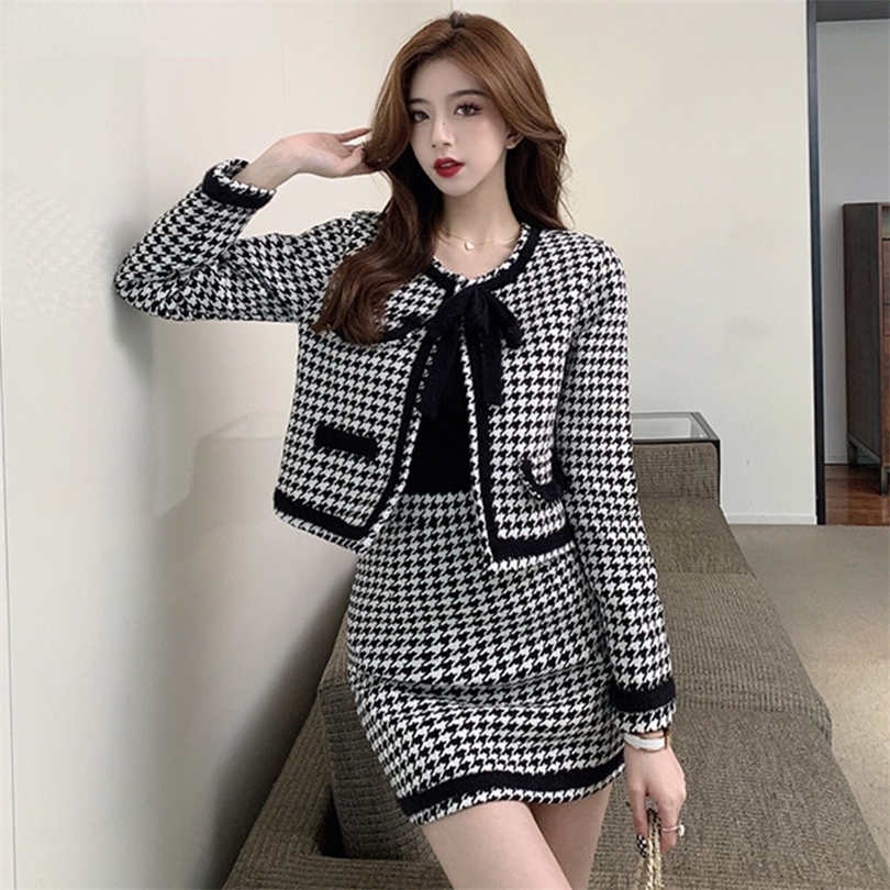 Two Piece Dress Vintage Houndstooth Woolen Suit Women Elegant Plaid Bowknot Crop Top Jacket MIni Boycon Skirt Set 2 Piece Outfit Tracksuit 220906