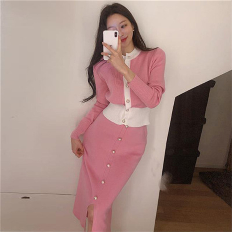 Two Piece Dress Autumn Winter Knitted 2 Piece Set Women Oneck Patchwork Single Breasted Cardigan Slim Elastic Skirt Korean Chic Suits Crop Top 220906