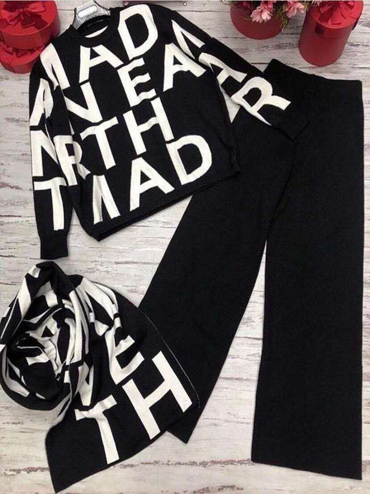 Womens Two Piece Pants Fashion Autumn Women 3 Pieces Sets Casual Letter Print Patchwork Loose Knitted Sweater Shawl Scarf and Wideleg Pants Suits 2209