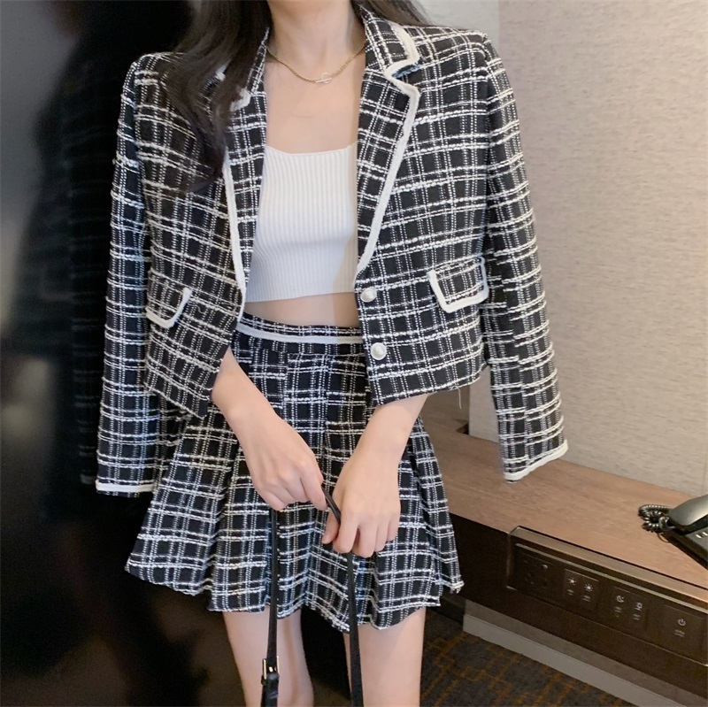 Two Piece Dress Chic Plaid 2 Piece Set Cute Turn Down Collar Candigans Jacket Pearls Button Short Coat Women Aline Pleated Skirts 220906