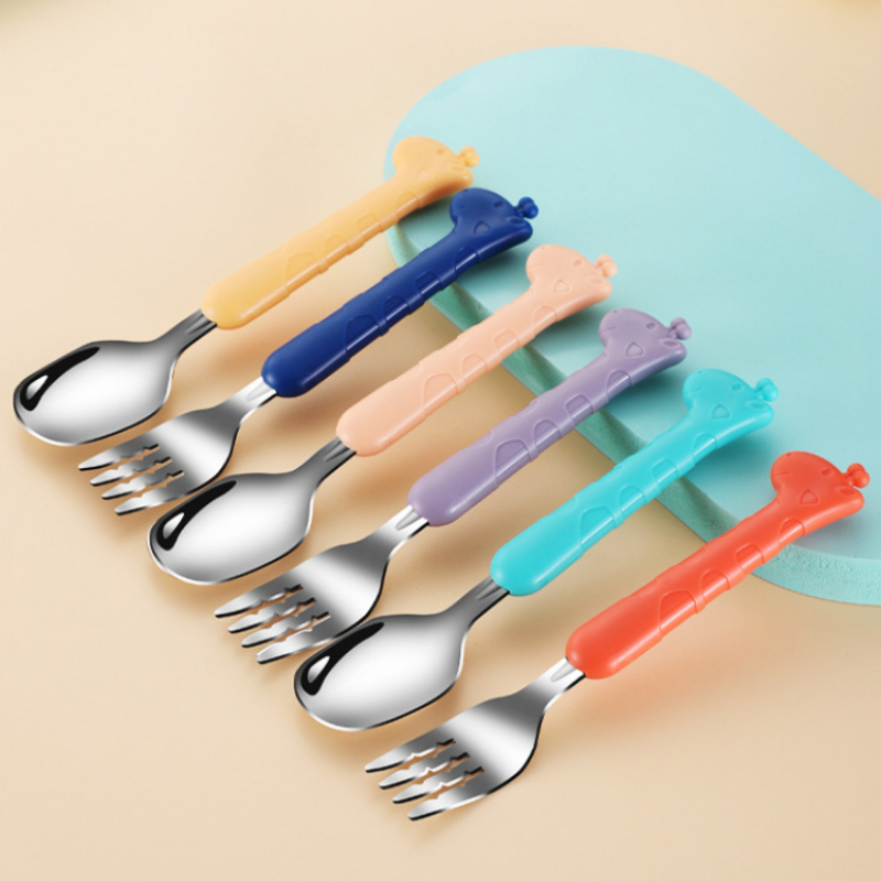Cups Dishes Utensils Giraffe Infant Food Feeding Spoon Fork Baby Tableware Set Stainless Steel Toddler Dinnerware Cutlery Children Utensil Gadgets 220