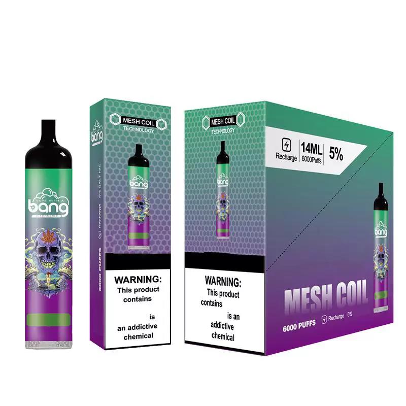 Bang 6000 Puffs Vape Pen Disposable E cigarettes 850mAh Rechargeable Battery Vaporizer 14ml Pre Filled Mesh Coil Pod
Bang 6000 Puffs Vape Pen Disposable E cigarettes 850mAh Rechargeable Battery Vaporizer 14ml Pre Filled Mesh Coil Pod