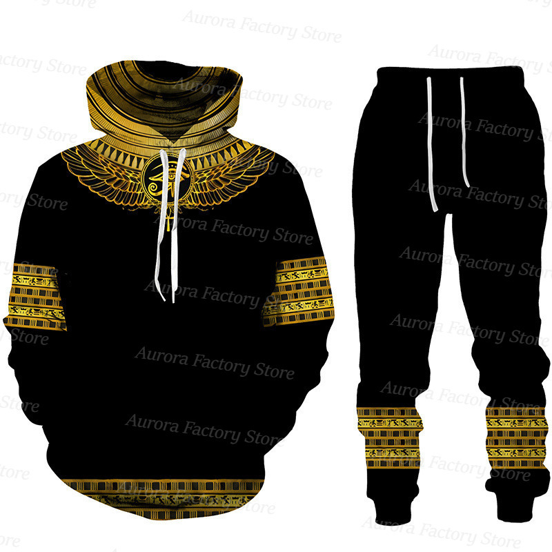 Mens Tracksuits Mens Tracksuit 2 Piece Vintage Hoodie Set Egyptian Mythology Outfit Suit Long Sleeve Comfortable Daily Clothing With Hat 220906