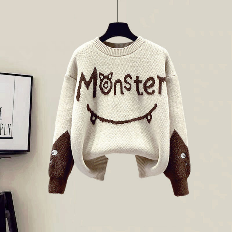 Womens Two Piece Pants Winter Womens Tracksuit Monster Letter Printed Knitted Pullover Sweater Lamb Wool Vest Casual Pants Suit 3 Piece Set 220906
