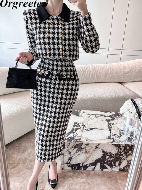 Two Piece Dress Winter Korean Fashion Tweed Dress Two Piece Sets Women Vintage Plaid Cropped Jacket Coat Sexy Strapless Slim Bodycon Dress 220906