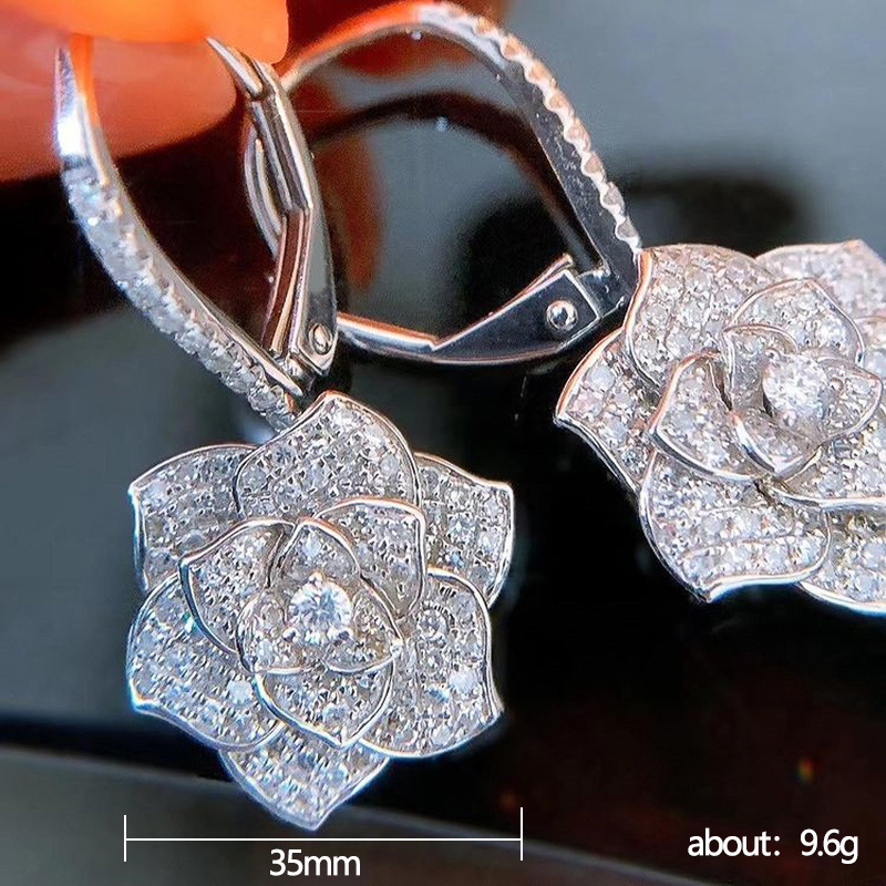 Luxury Cube Zircon Camellia Flower Dangle Earrings for Women Ladies Diamond Drop Earring Bride Wedding Jewelry Gift Top Quality