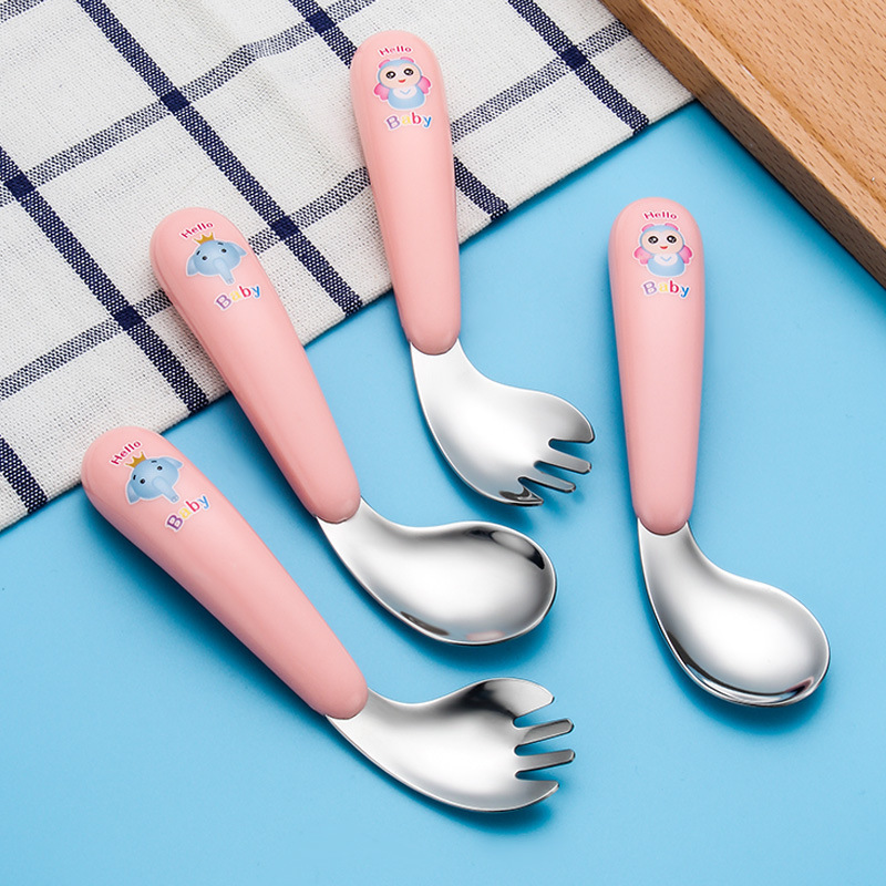 Cups Dishes Utensils Kids Spoon Fork Cartoon Stainless Steel born Food Feeding Curved Spoons Forks Utensil Toddler Tableware Cutlery Baby Gadgets 2209