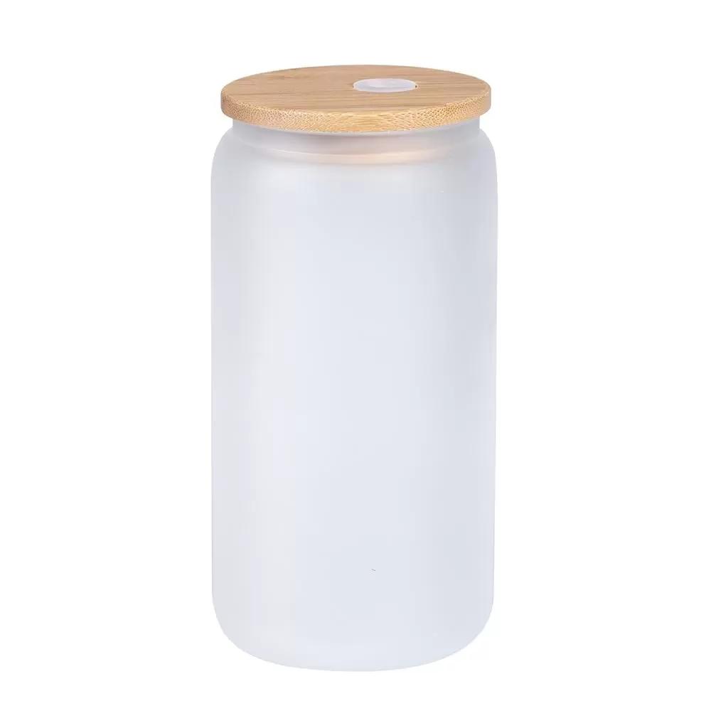 US stock 16oz Sublimation Glass Beer Mugs with Bamboo Lid Straw DIY Blanks Frosted Clear Can Shaped Tumblers Cups Heat Transfer Cocktail Iced Coffee S