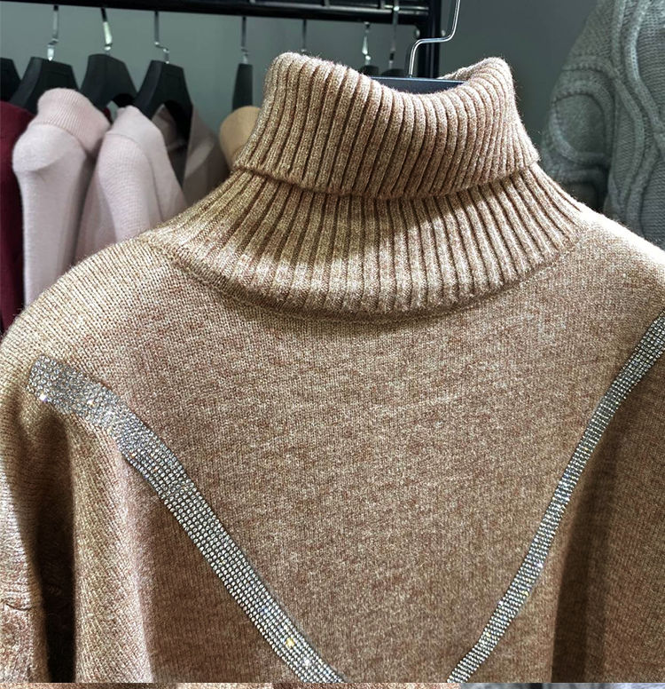 Womens Two Piece Pants Winter Thicken Warm Two Piece Set Turtleneck Sweater Knitting Elastic Waist Pants Tracksuit Women Outfits Bling Beading Suits 2