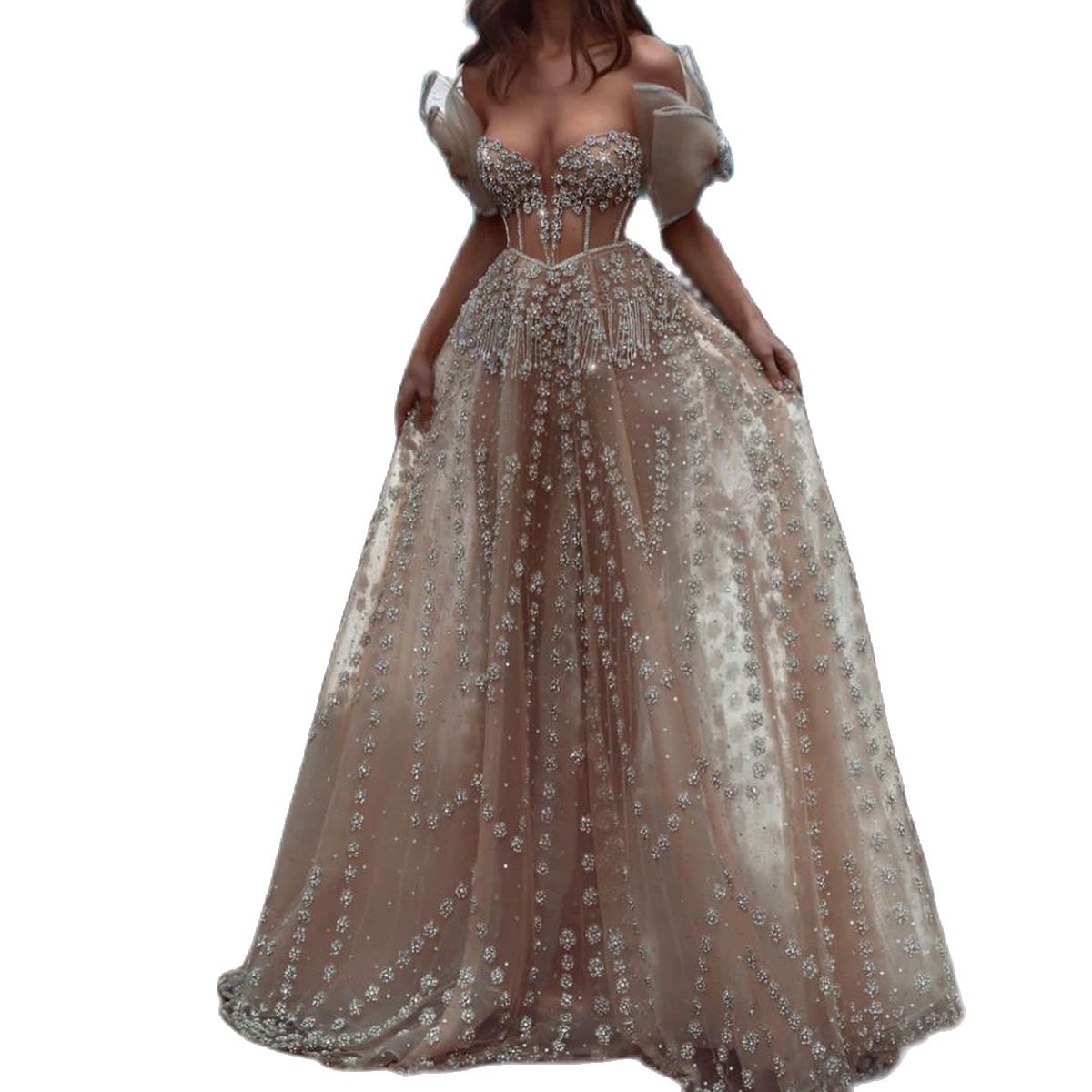 Luxurious Beads Wedding Dress Sexy Sweetheart Illusion Crystal Arabic A Line Bridal Gowns Robe Custom Made Formal Dress