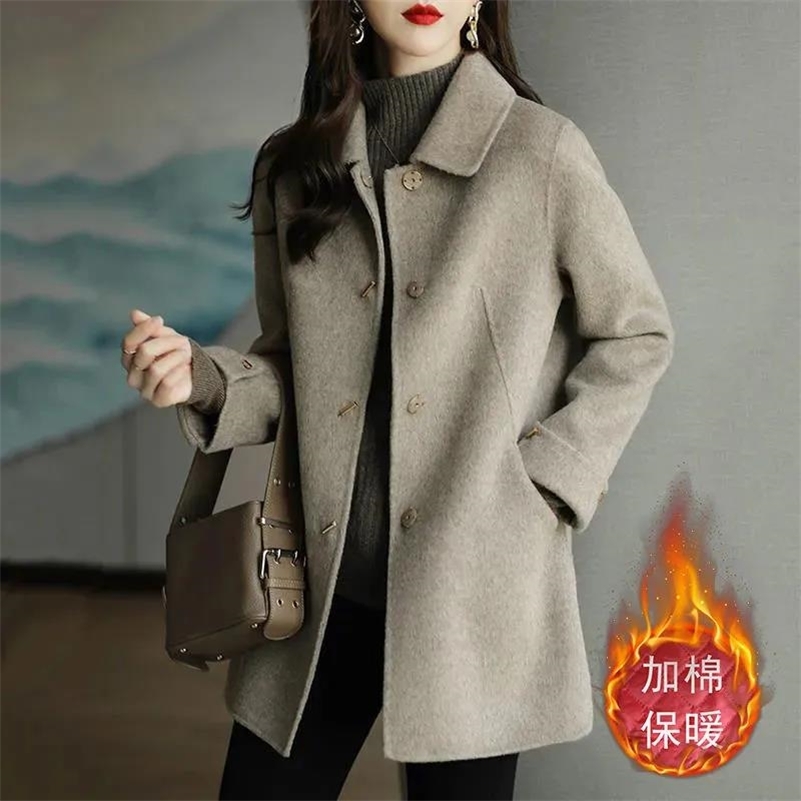 Women's Wool Blends Autumn Winter Woolen Coat Women Loose Elegant Overcoat Fashion Add Cotton Outerwear Black Woolen Trench Coat Female 220906