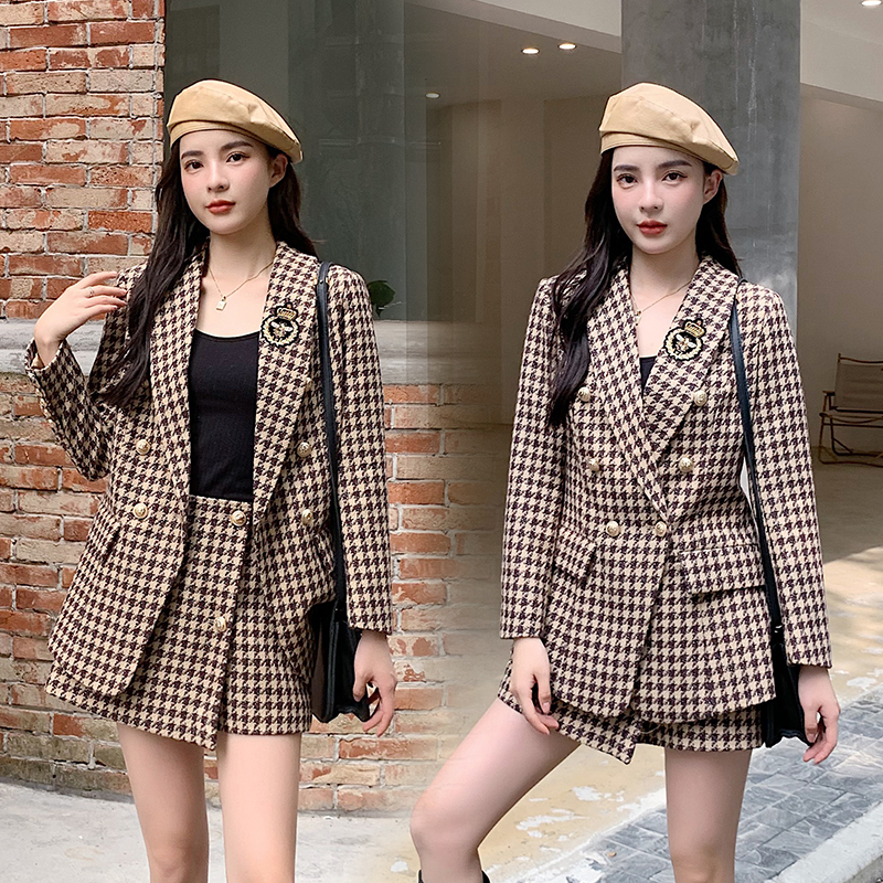 Two Piece Dress French Houndstooth Tweed Two Piece Set Women Vintage Temperament Jakcet Coat Blazer Shorts Suit Female Autumn Winter 220906