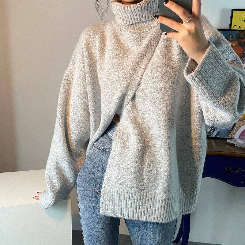 Womens Sweaters Autumn Winter Korean Turtleneck Split Sweater Women Knitted Casual Loose Pullover Jumpers Outwear Sweaters Warm Knitwear 220906