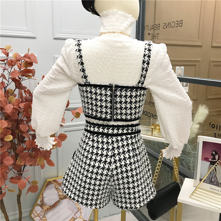 Womens Two Piece Pants Autumn Tweed Houndstooth 3 Piece Set WomenTurtleneck White BlouseVest Tweed Vest Mini Shorts Sets Korean Chic Vintage Suit 2209
