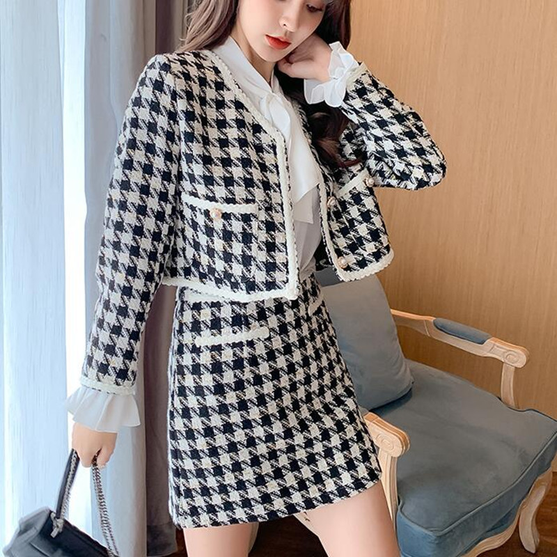 Two Piece Dress Vintage Houndstooth Woolen Two Piece Set Women Vneck Pearl Button Cropped Jacket Coat Aline Mini Skirt Sutis Female Outfit 220906
