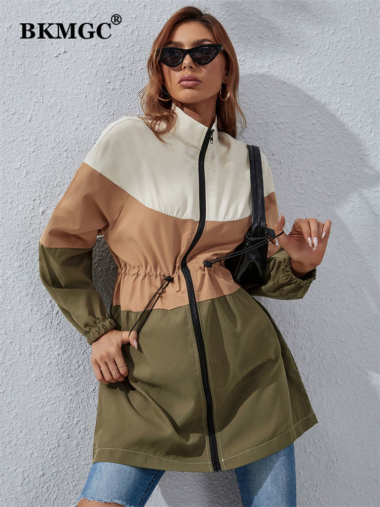 Women's Trench Coats BKMGC Spring Autumn Streetwear Green Brown Beige Wide Strips Zipper Hight Waist Long Coat Windbreaker Jacket for Women 2238 