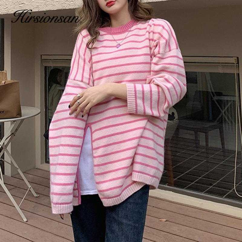 Womens Sweaters Hirsionsan Autumn Stripe Oneck Knit Women Loose Simple Split Female Korean Fashion Soft Warm Pllover Tops 220906