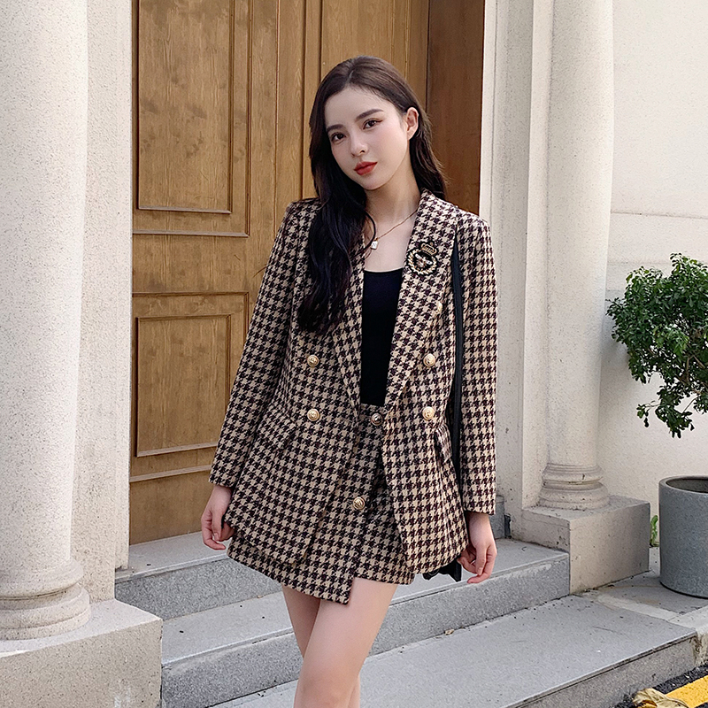 Two Piece Dress French Houndstooth Tweed Two Piece Set Women Vintage Temperament Jakcet Coat Blazer Shorts Suit Female Autumn Winter 220906