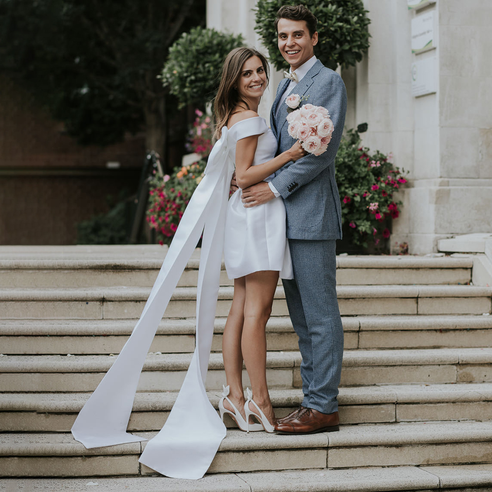 Simple Short Mini Satin Wedding Dress Off Shoulder Bridal Gowns Large Bow Train Custom Made Plus Size Classy Above Knee Chic Garden Bride Dresses