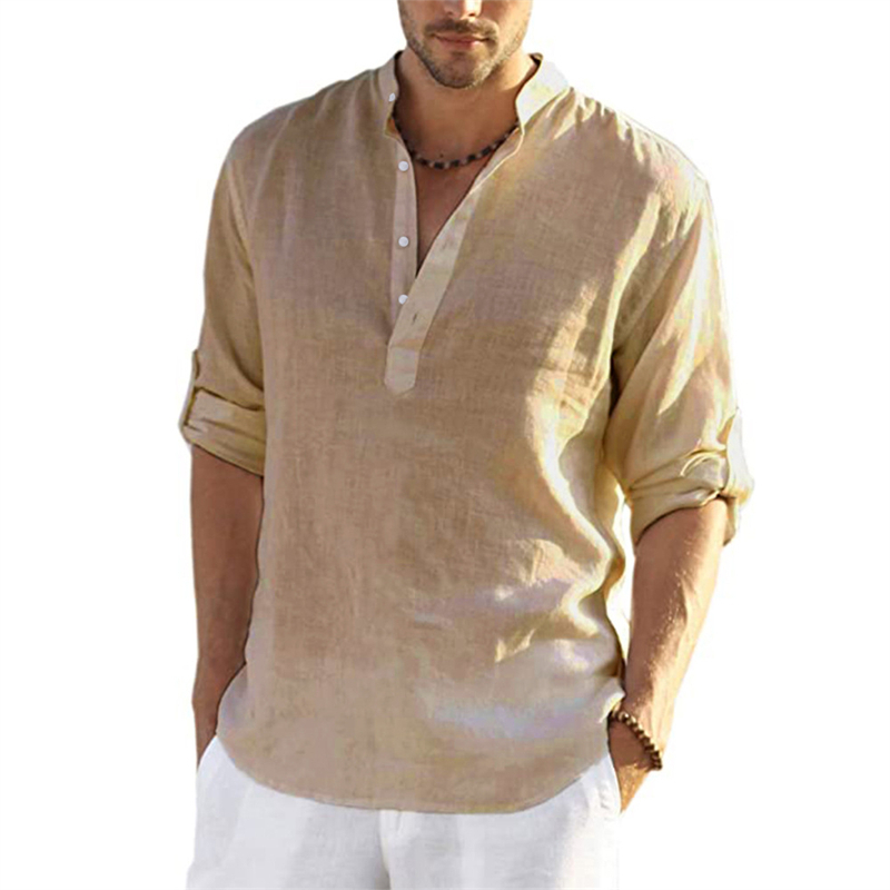 Men's T-Shirts FGKKS Summer Men Casual T Shirt Linen Breathable Long Sleeve T Shirt Single Breasted Solid Color Loose T Shirt Male 220906